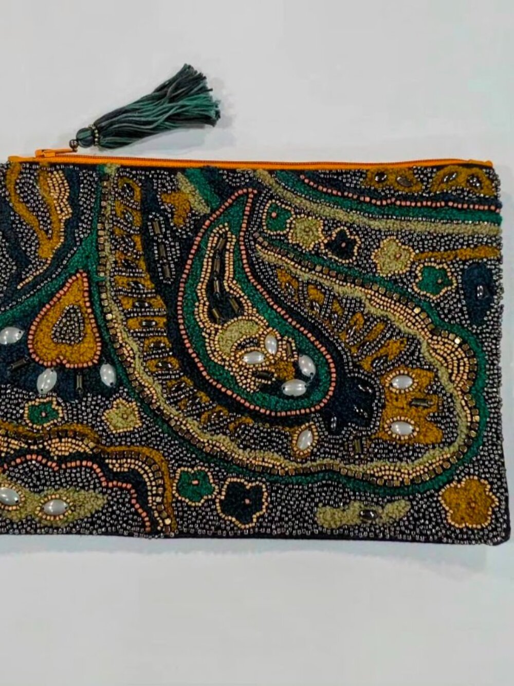 Beaded Paisley Make Up or Travel Bag, Zippered. Made in India